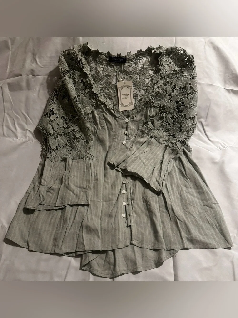 #B16 Coeur DE Vague Light Sage Green Crochet Yoke Button-Front Blouse - Picture 7 of 7